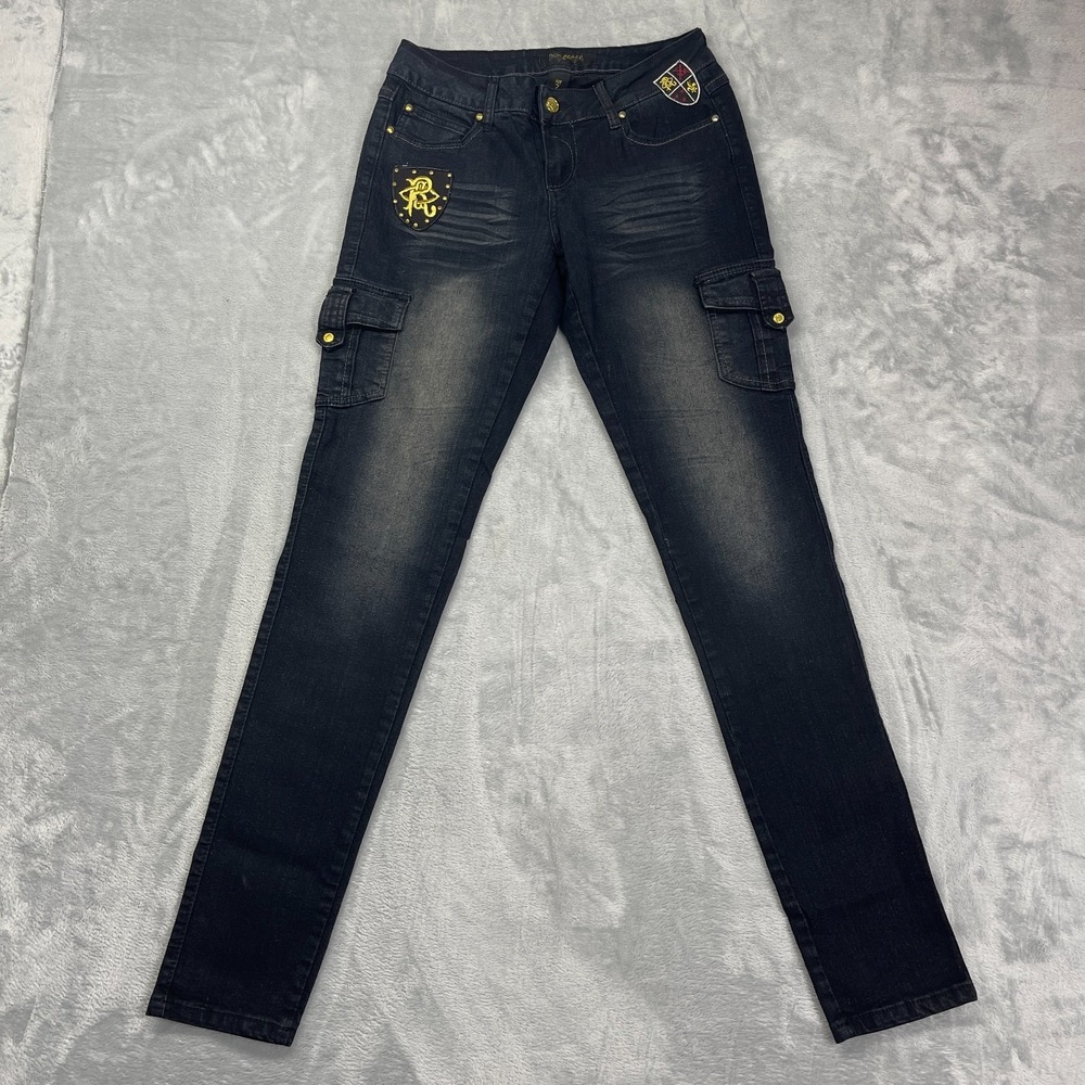 Rocawear Cargo Jeans Women 7 (29x34) Black Denim Crest Patches Grunge Skinny Leg